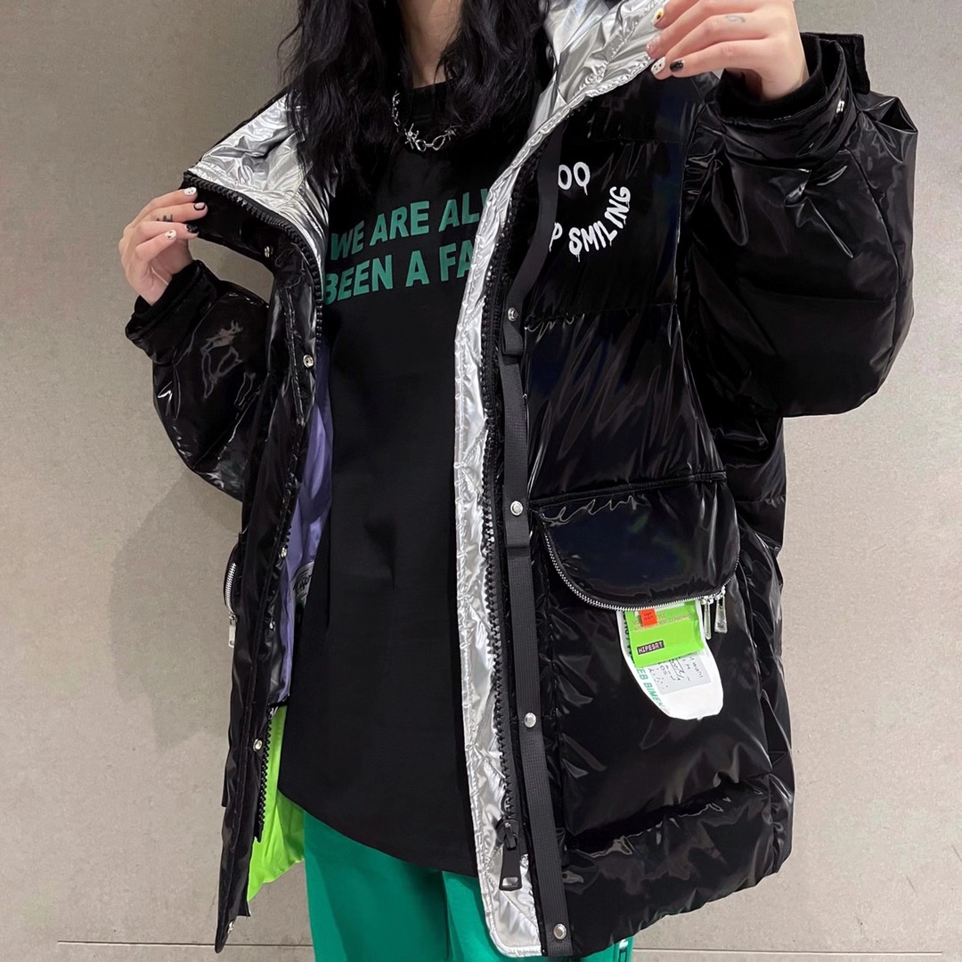 gg潮牌银色羽绒服女中长款2021冬原创设计廓形亮皮免洗白鸭绒外套