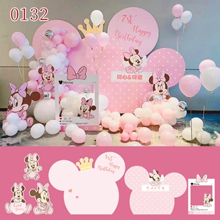 米妮老鼠粉色女宝宝周岁宴百天生日派对装饰布置定制kt板背景0132
