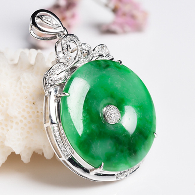 【源头好货-四会】 翡翠a货冰种18k金伴钻镶嵌平安扣吊坠7.05克