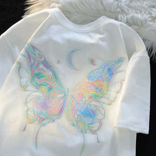 彩色蝴蝶印花短袖T恤女夏季新款多巴胺小个子穿搭宽松半袖上衣ins