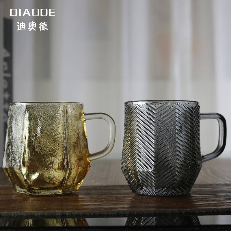 日式斜纹彩色马克玻璃杯多用带把高颜值简约冷饮杯条纹ins饮料杯