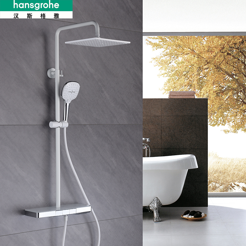 德国汉斯格雅飞雨恒温淋浴花洒全铜挂墙式明装玻璃置物台白色顶喷