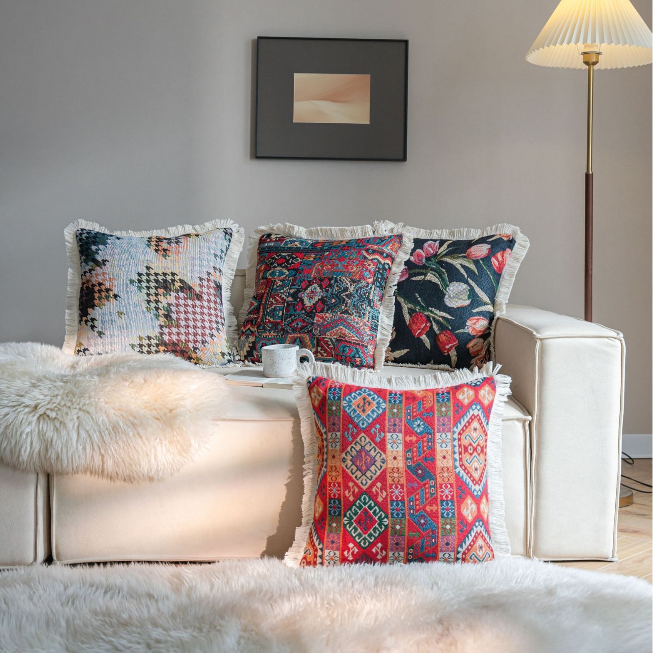 波西米亚复古美式提花腰果红色沙发抱枕靠客厅靠枕椅子汽车不含芯