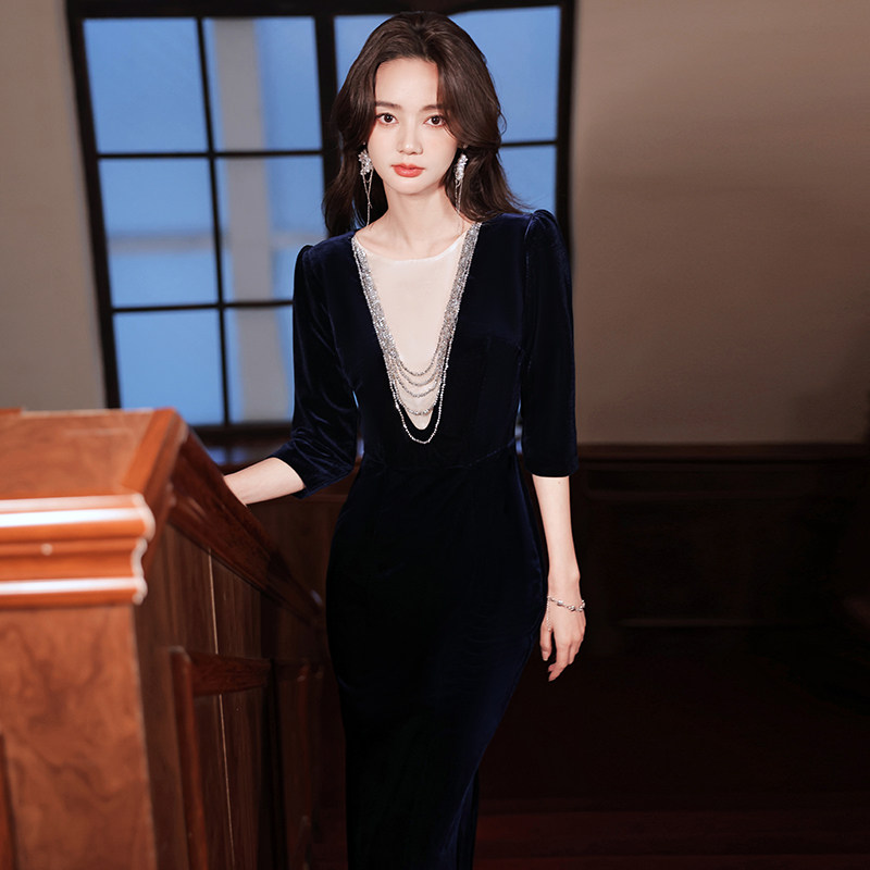 宴会高端小个子晚礼服裙女气质名媛高档丝绒长袖冬季年会平时可穿