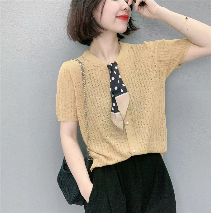 学院风波点领带镂空短袖针织衫女2021夏季新款圆领时尚百搭上衣潮