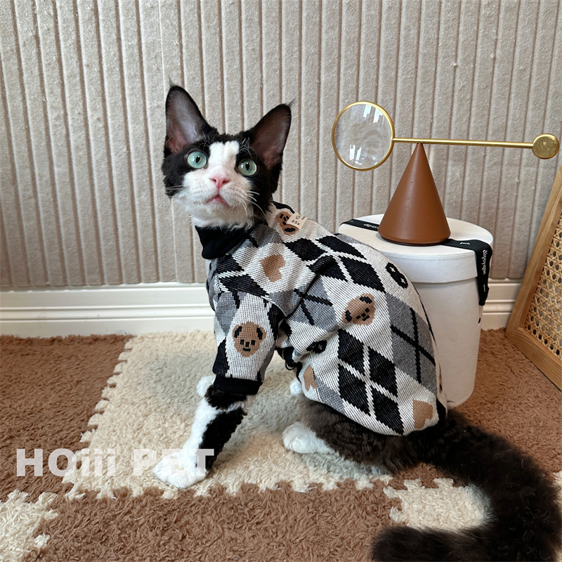 HOiii PET 秋冬复古格子小熊高领毛衣德文衣服无毛猫衣服保暖舒适