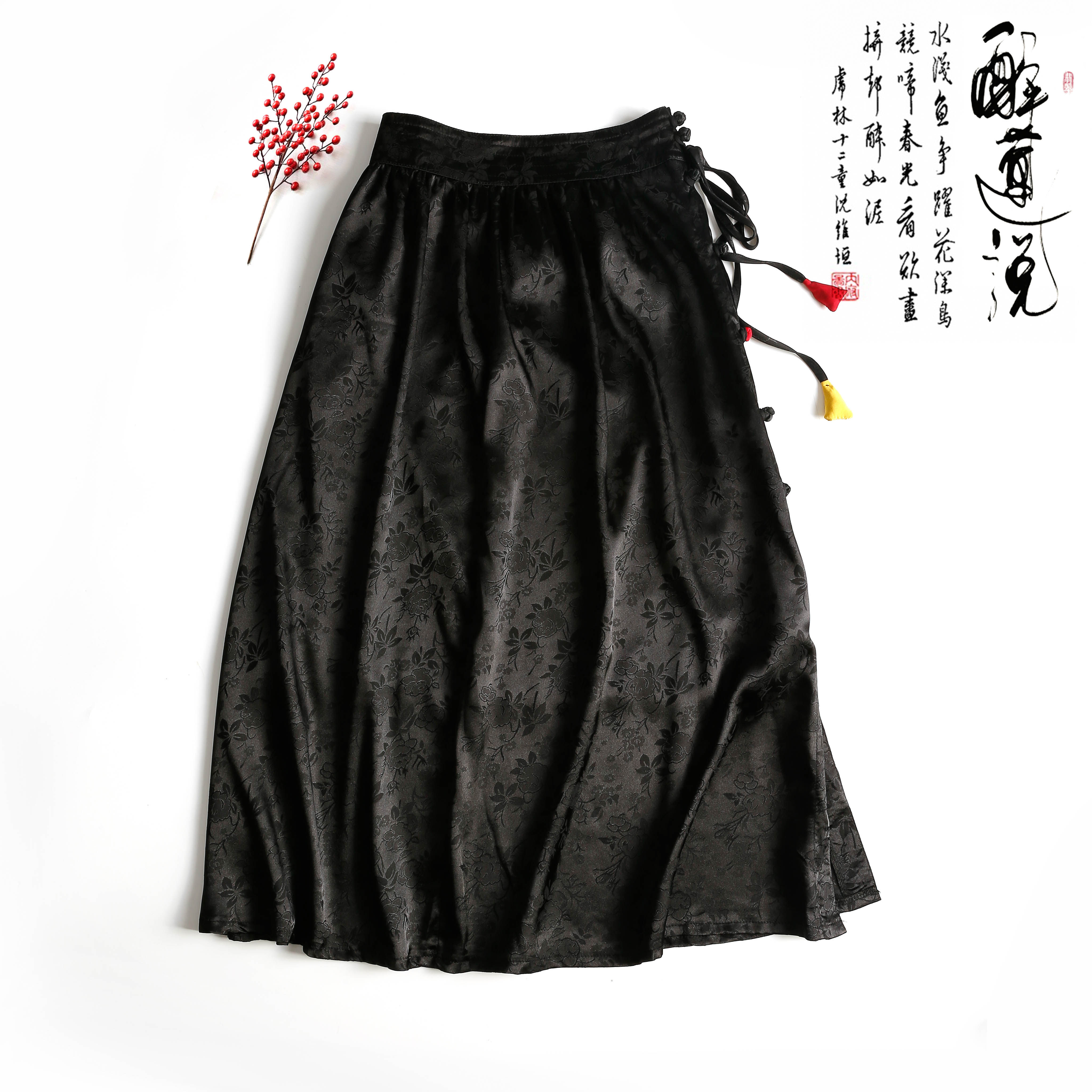 纱长裙子半身裙黑色