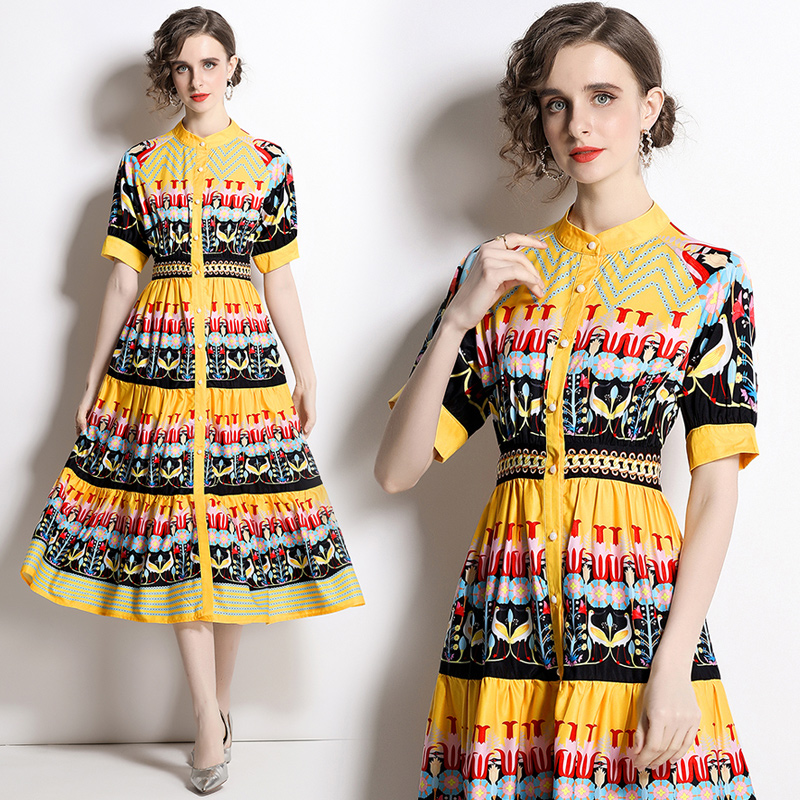 PF11086#女装混纺圆领短袖单排扣收腰a字裙时尚印花连衣裙女裝貨源服裝批發