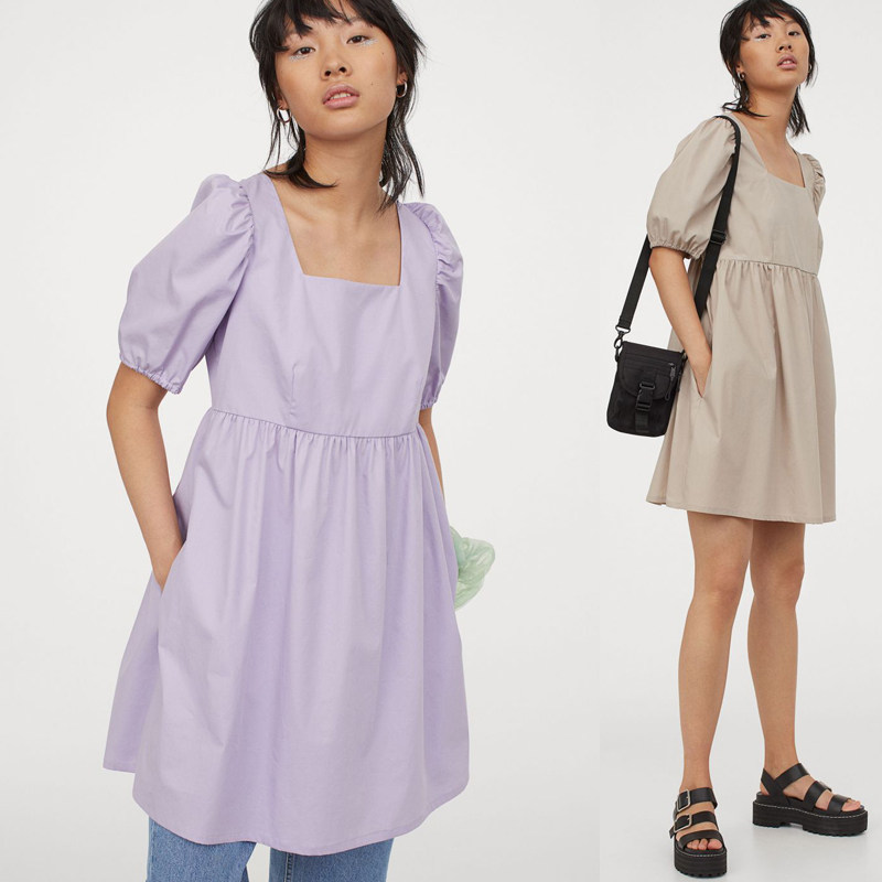 hm女装裙子方领泡泡袖夏新款香芋紫连衣裙hm0888320吊199不退换