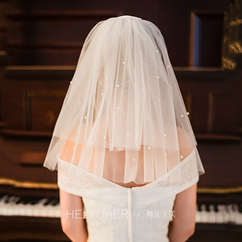《珠帘》新娘结婚礼珍珠双层小头纱短款领证拍照道具钉珠头纱