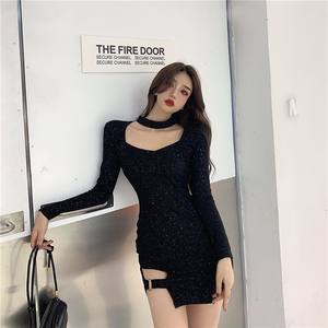 Live shooting! New fashion square collar irregular cut glittering slim bag hip care machine dress