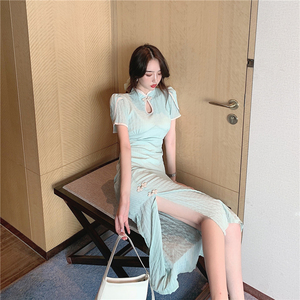 Live shooting! New fashion elegant milk green improved cheongsam small sexy long split dress