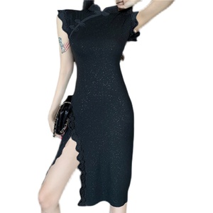 Live shooting! New French retro care machine sexy lace girl improved cheongsam long dress