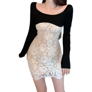 Live shooting! New sexy off shoulder French bubble sleeve lace contrast off shoulder slim dress