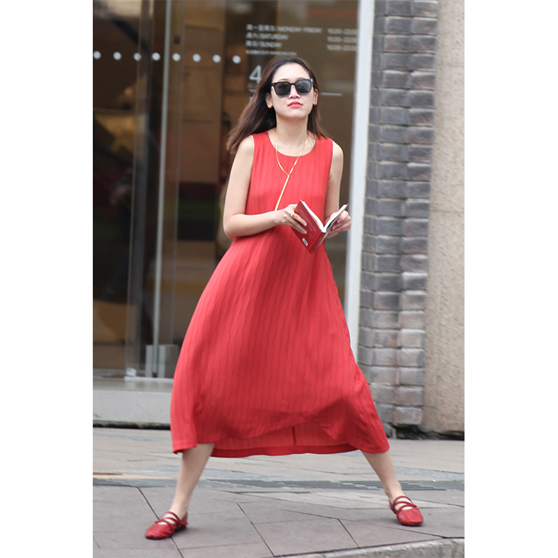 rookiecombo新职人 浅绯色红色波浪纹提花无袖长款a型口袋连衣裙
