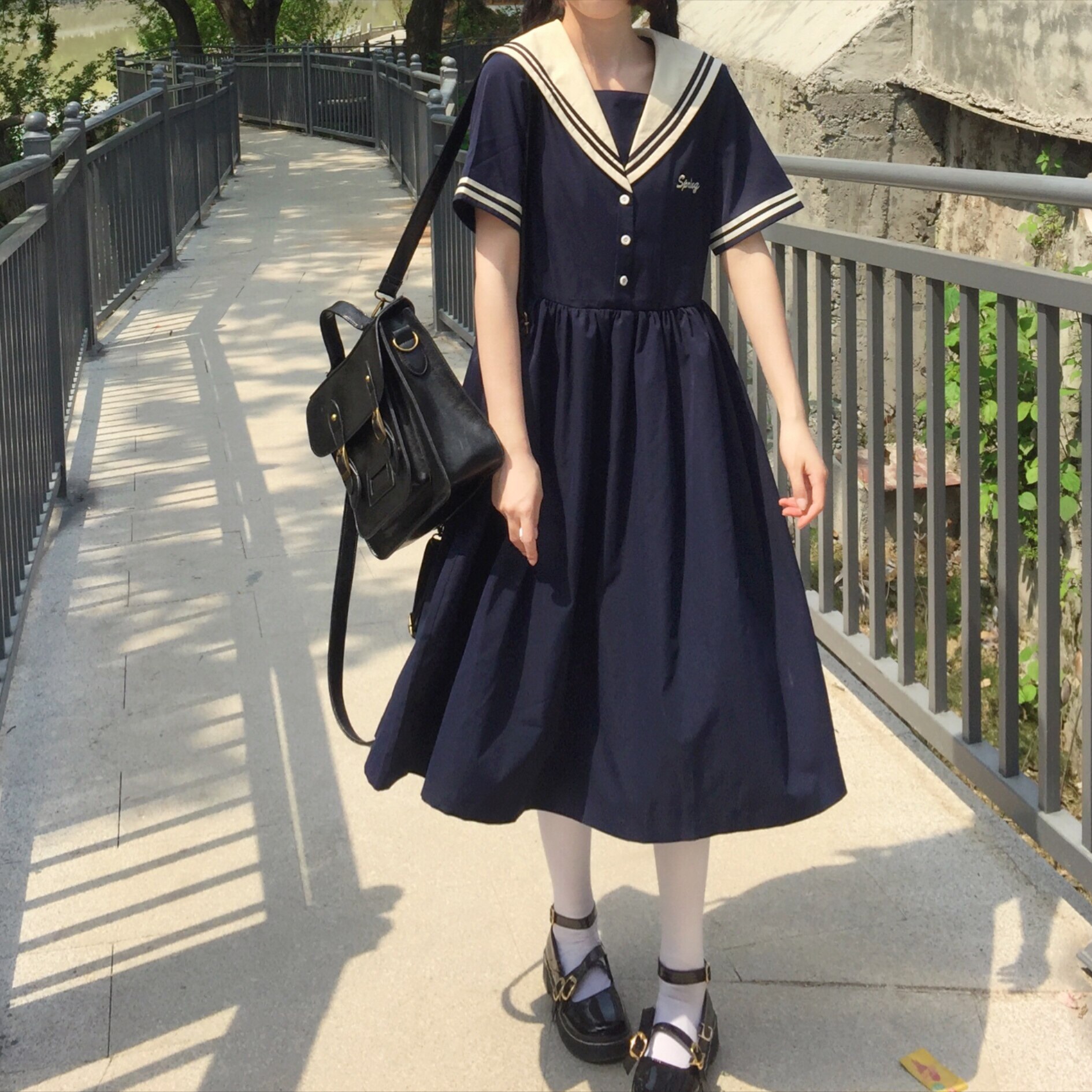 古着感少女裙子日系甜美水手服森系中长款学院风海军领连衣裙夏季