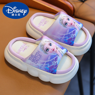 迪士尼儿童亚麻拖鞋爱莎公主女童棉麻透气中小童室内防滑厚底拖鞋