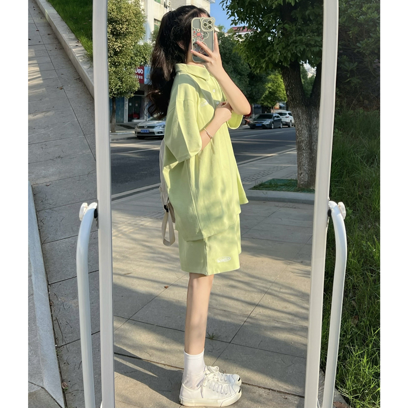 盐系休闲运动套装女夏季韩版学生宽松显瘦时尚短袖短裤跑步两件套