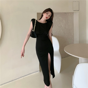 Real shooting sexy summer new style temperament shoulder pad slim waist slim sleeveless split long skirt women