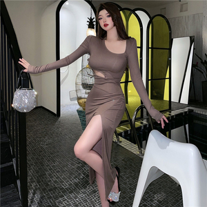 Real shooting shows thin fried Street temperament dress goddess style hollow oblique shoulder sexy split slim wrap hip d