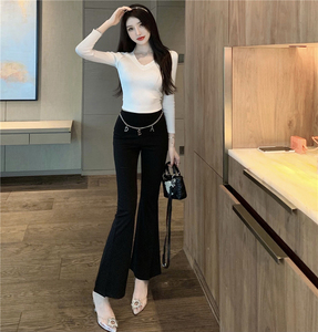 Real shooting V-neck bottomed Knitted Top + high waist chain split trousers slim fit micro horn Wide Leg Pants Set