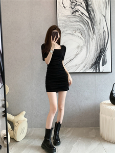 Real shooting new wrinkle temperament thin sexy square neck bubble sleeve elastic hip wrap dress women's short