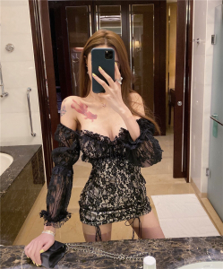 Real shooting of new style temperament celebrity super fairy skirt sexy lace Hip Wrap drawstring dress women