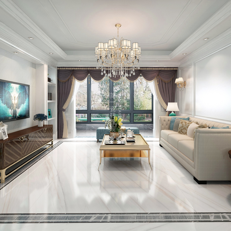 简一大理石瓷砖 拉萨白 客厅地板砖拼花地砖 电视造型墙背景墙瓷