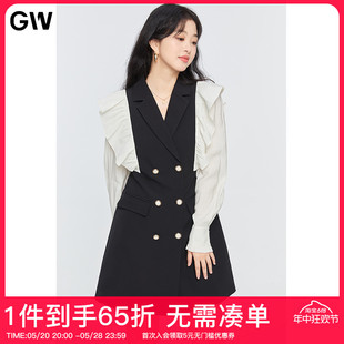 GW大码荷叶边西装领连衣裙2022春季新款胖mm减龄遮肉显瘦裙子女