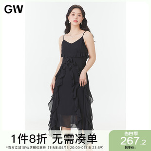 GW大码女法式吊带茶歇连衣裙2024夏季新款微胖mm高腰显瘦A字长裙