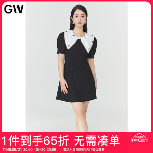 GW大码女装赫本风大翻领连衣裙2024夏季新款微胖mm气质显瘦裙子女