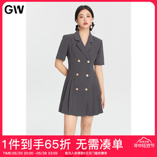 GW大码女装西装领连衣裙2024夏季新款微胖mm收腰显瘦百褶裙女上衣