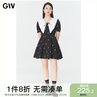 GW大码女装赫本风娃娃领连衣裙2024夏季新款微胖mm显瘦印花裙子