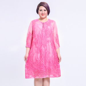 胖胖橱窗2017夏季胖mm新款欧美时尚桑蚕丝印花粉色大码宽松连衣裙