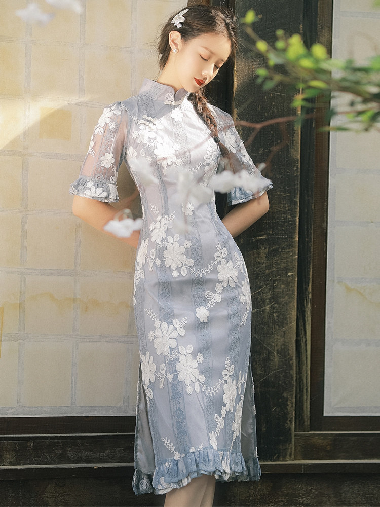 现货 原创  蓝莲花 复古改良旗袍