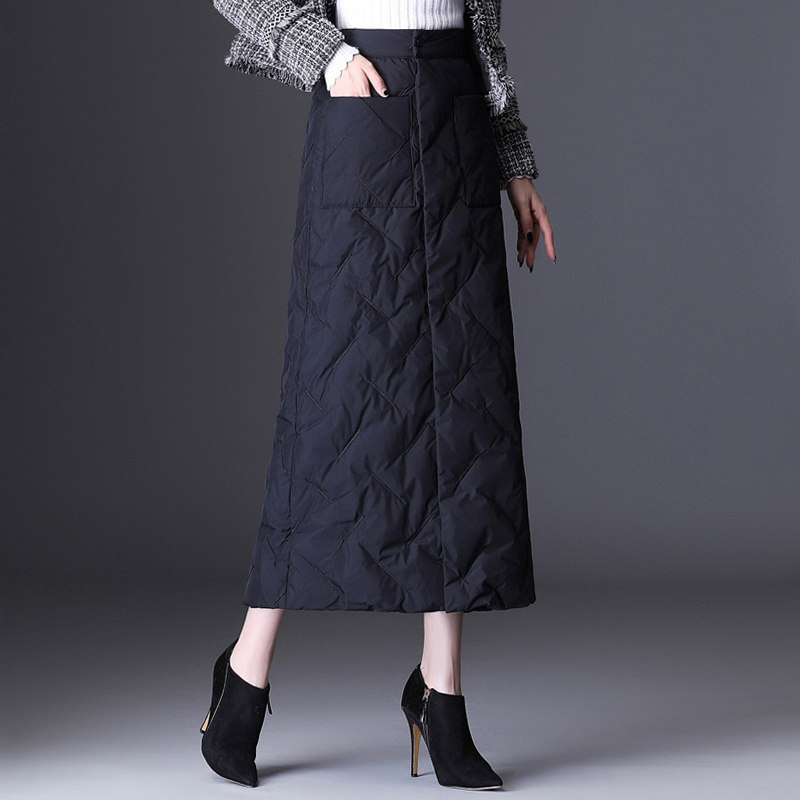 女士冬裙新款羽绒棉半身裙时尚高腰包臀裙秋冬季挡风保暖刺绣长裙
