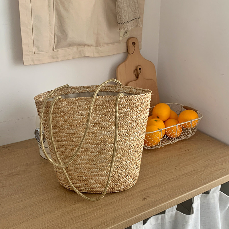 里洛家法式复古大容量大草包纯色度假沙滩包天然麦秆草草编单肩包