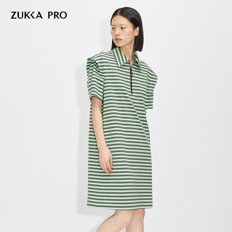 ZUKKA PRO卓卡女装2024春夏季新款撞色条纹Polo领直筒宽松连衣裙
