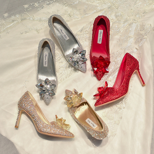 【Ruyan Vuicr】jc灰姑娘高跟鞋女水晶鞋银色婚纱照宴会新娘婚鞋
