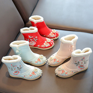 新冬季汉服鞋子女童加绒棉鞋儿童绣花鞋中国风唐朝民族风布鞋古装