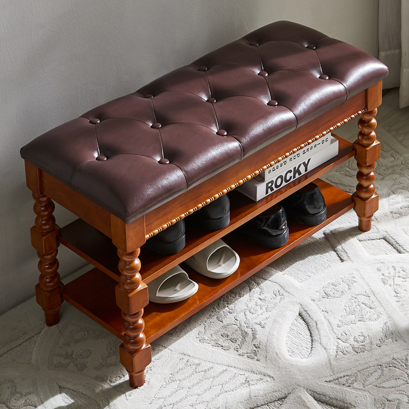 美式实木换鞋凳家用门口入户可坐穿鞋凳进门真皮拉扣储物凳收纳凳