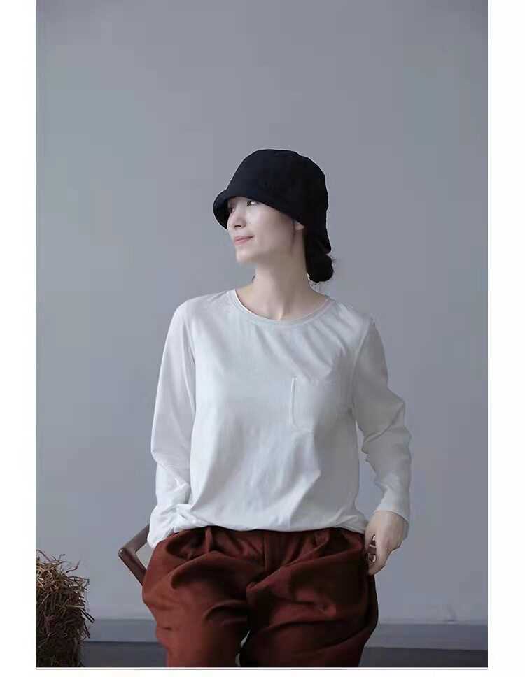 热销女装打底衫秋款长袖 针织白色_壹旧原著秋款白色棉亚麻朴素圆领