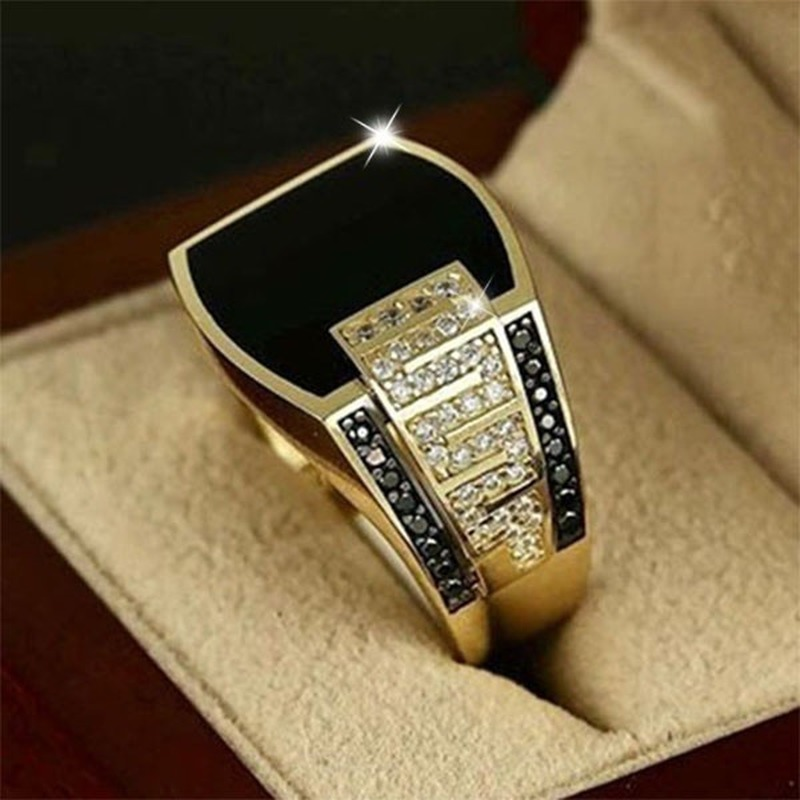 Classic Men's Ring Fashion Metal Gold Color Inlaid Black