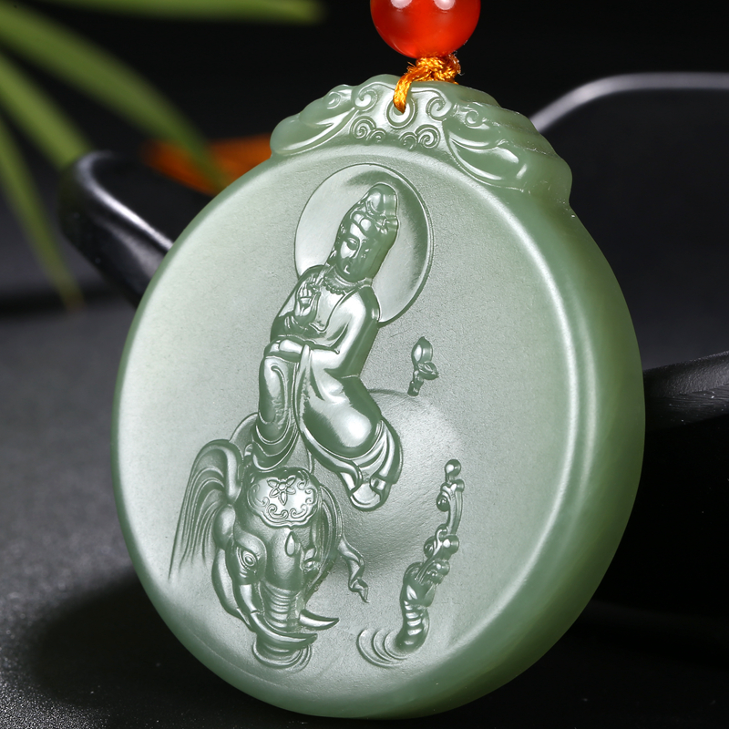 【普贤菩萨】和田玉碧玉普贤菩萨玉牌41.27g