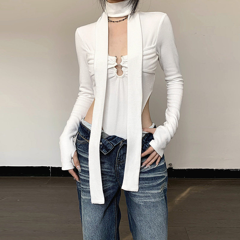 gusty新品欧美风镂空露腰个性长袖连体衣纯欲风低胸心机百搭上衣