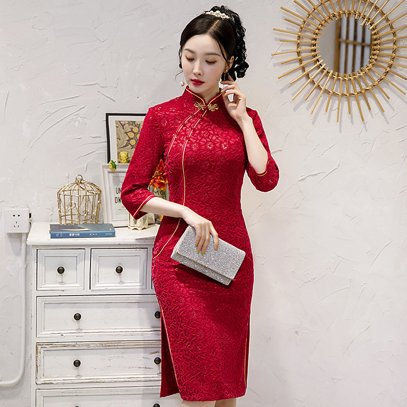 酒红色蕾丝旗袍2021年新款结婚改良敬酒服复古气质中长款优雅中袖