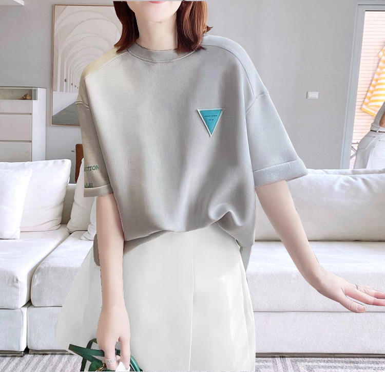 韩国进口天丝锦纶混纺空气层 圆领落肩廓形短袖T恤衫刺绣贴标女士