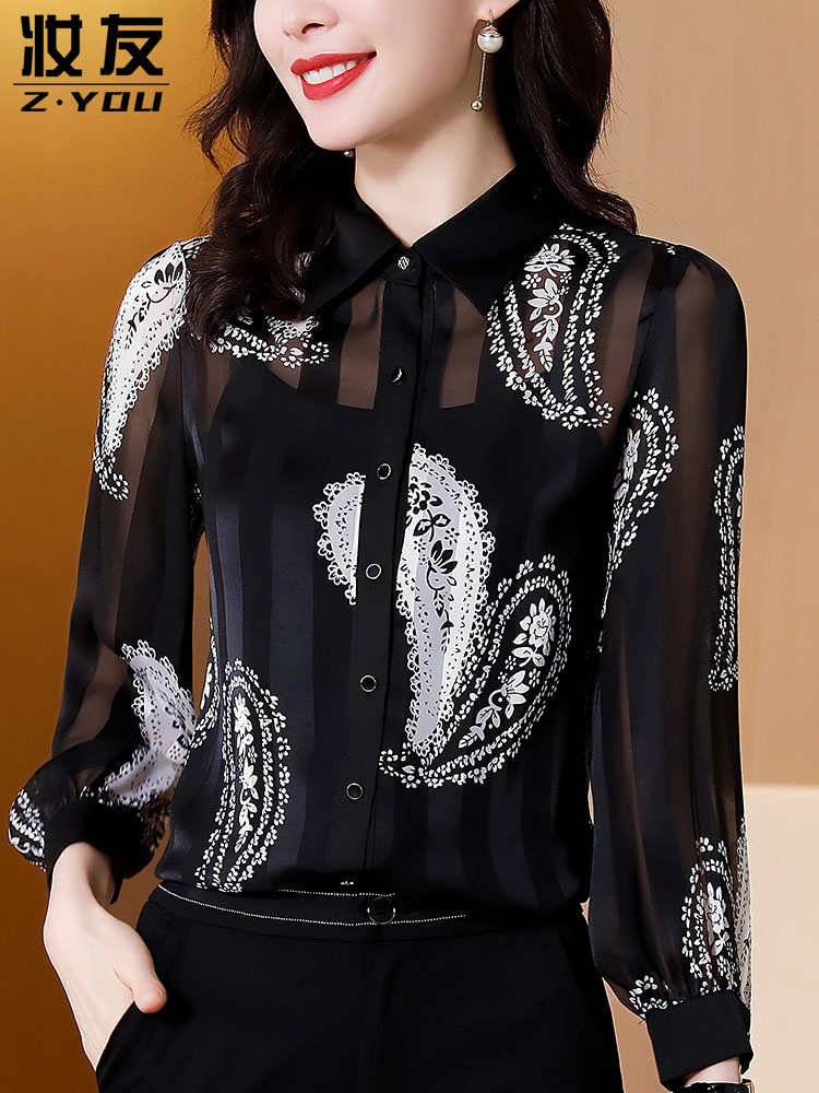 重磅真丝衬衫女士长袖春装2022年新款高档欧货桑蚕丝上衣黑色衬衣