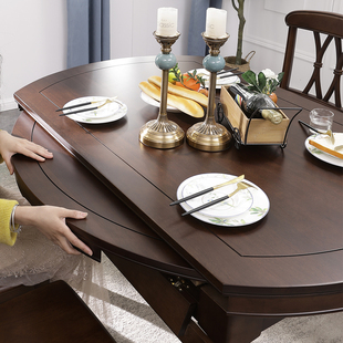 美式餐桌可伸缩折叠椭圆家用可变圆桌乡村复古全实木餐桌椅组合