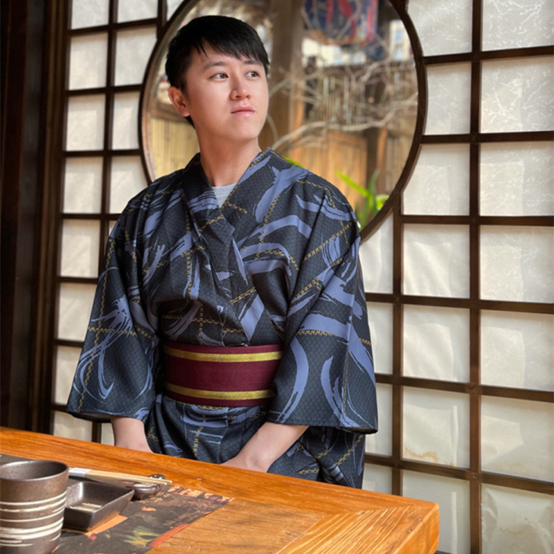2021新品日本传统中国和服浴衣男士绅士蓝色长袍浴袍和服写真服装